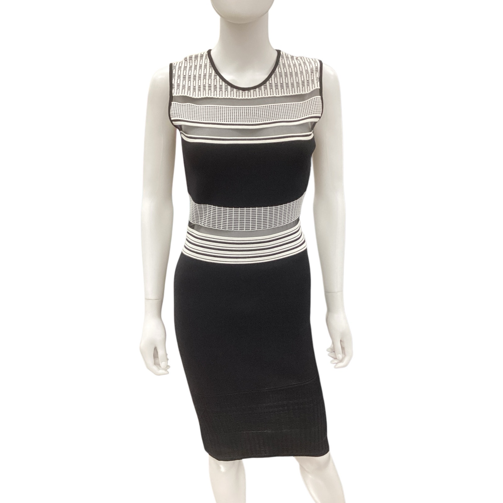 Rvn Dress Women’s Sz S Fine Knit Mesh Panels Bodycon Sleeveless Black And White